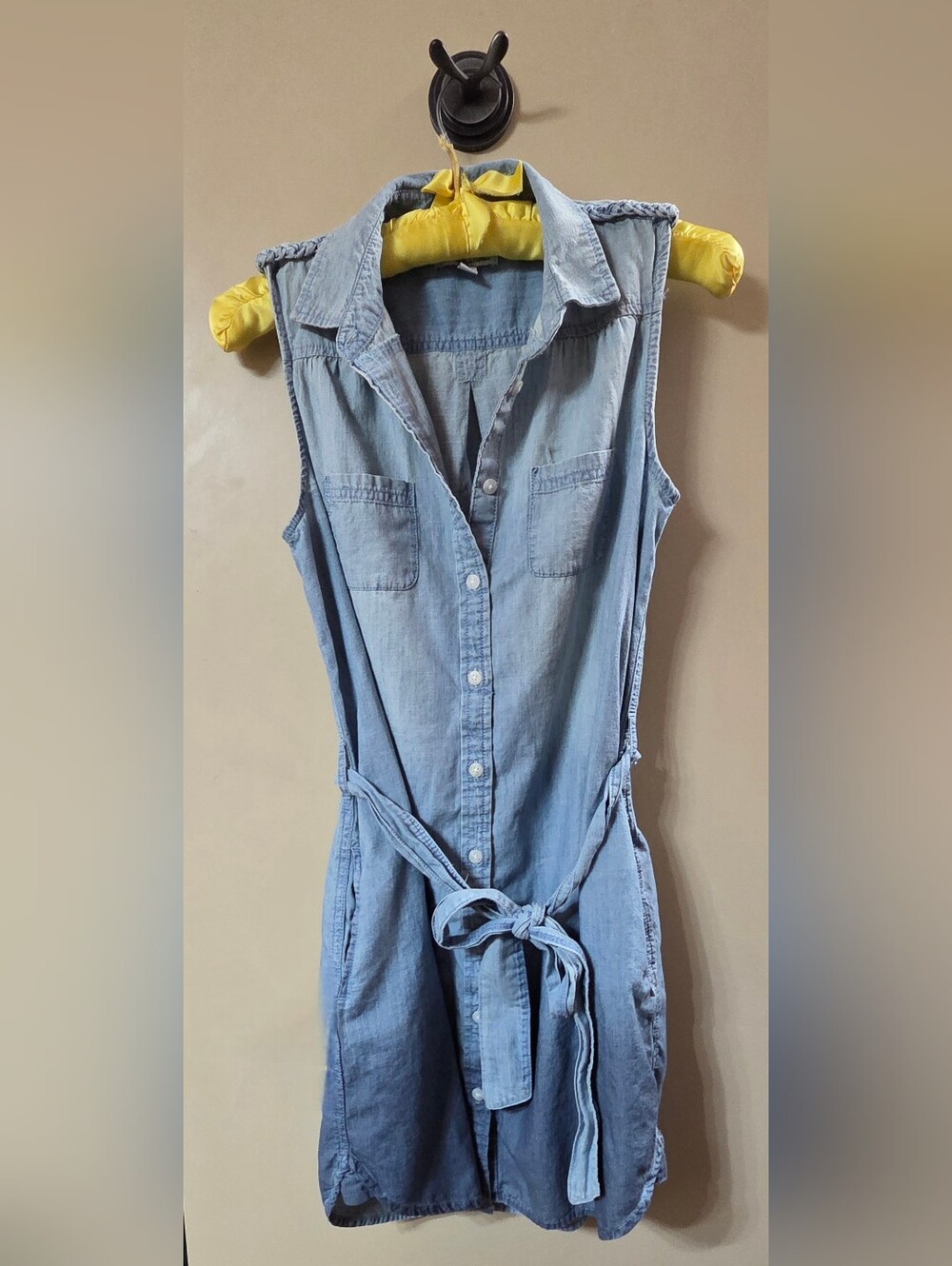 Sleeveless Light Blue Chambray Button-Front Tie-Waist Shirt Dress